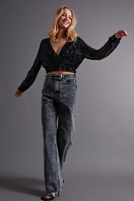 Cross over cropped and sheer top with sequins in black - Shirts Tops