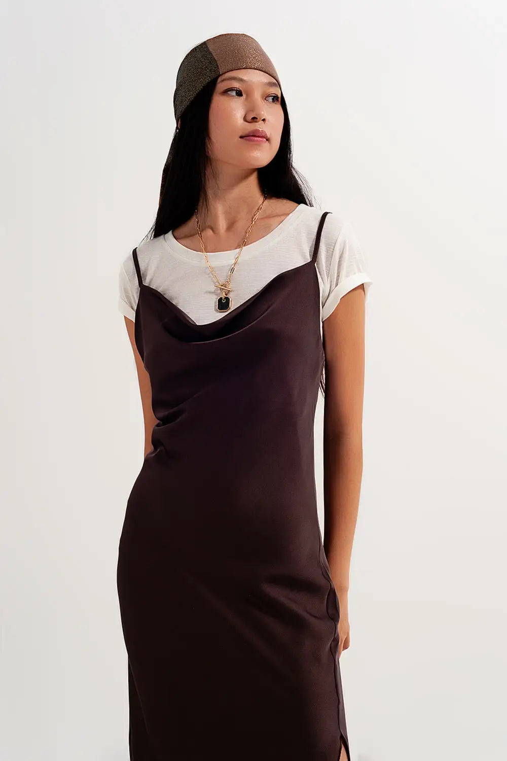 Satin cami strap mini dress in brown - Dresses