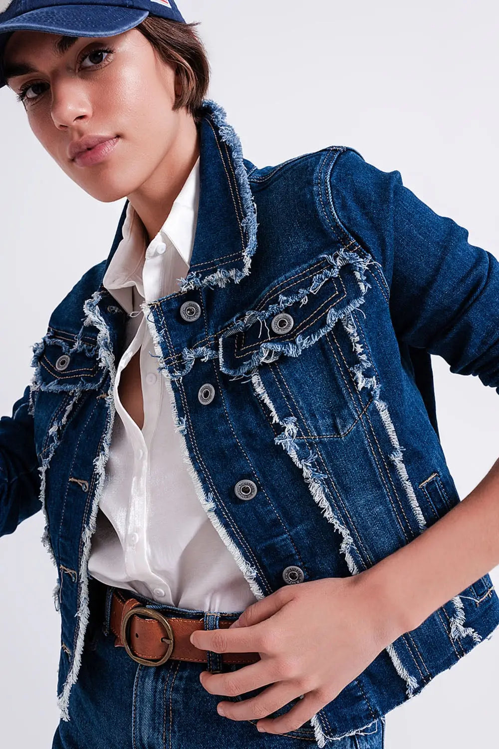 Denim jacket with frayed design and unfinished hem - Jackets