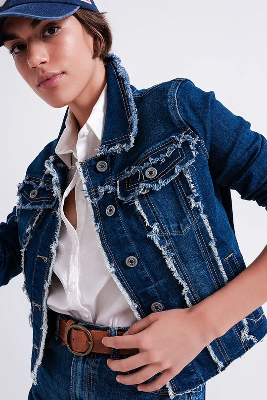 Denim jacket with frayed design and unfinished hem - Jackets