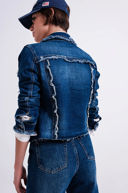 Denim jacket with frayed design and unfinished hem - Jackets