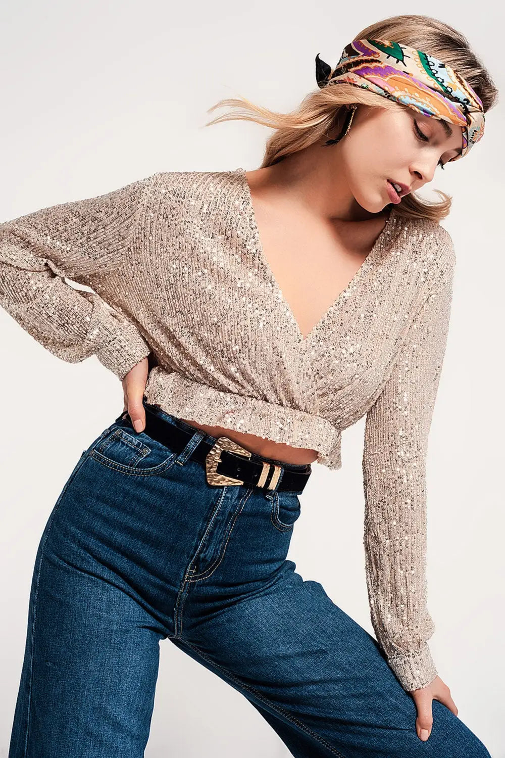 Cross over cropped and sheer top with sequins in gold - Shirts Tops