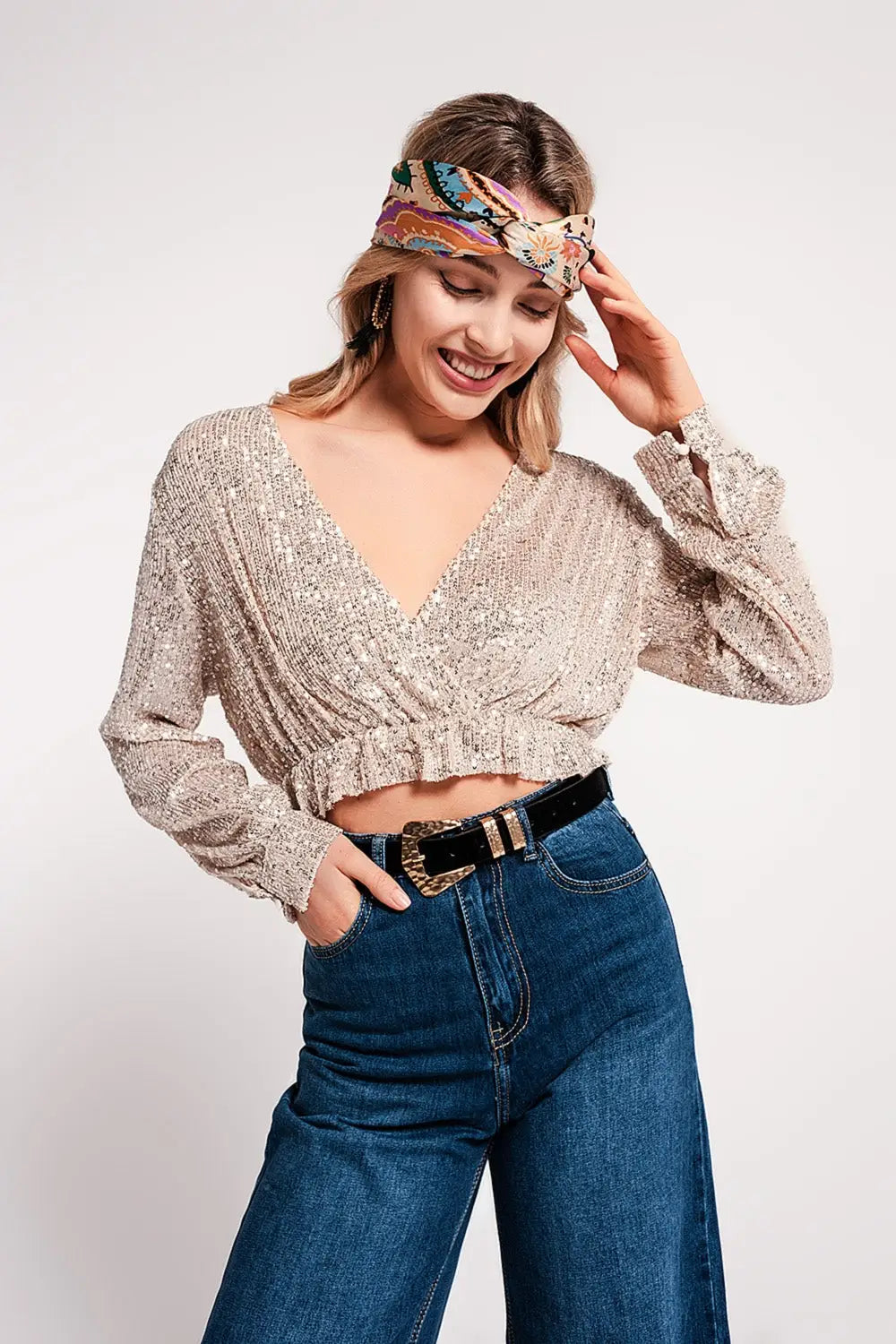 Cross over cropped and sheer top with sequins in gold - Shirts Tops