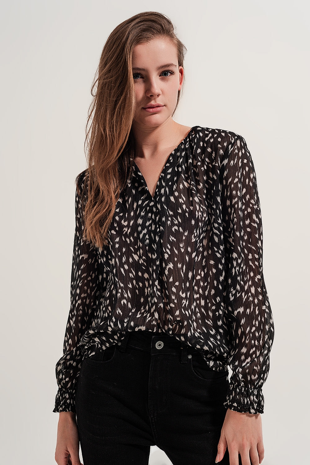 Printed sheer long sleeve blouse