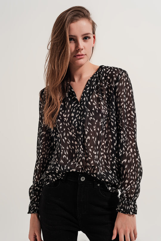 Printed sheer long sleeve blouse