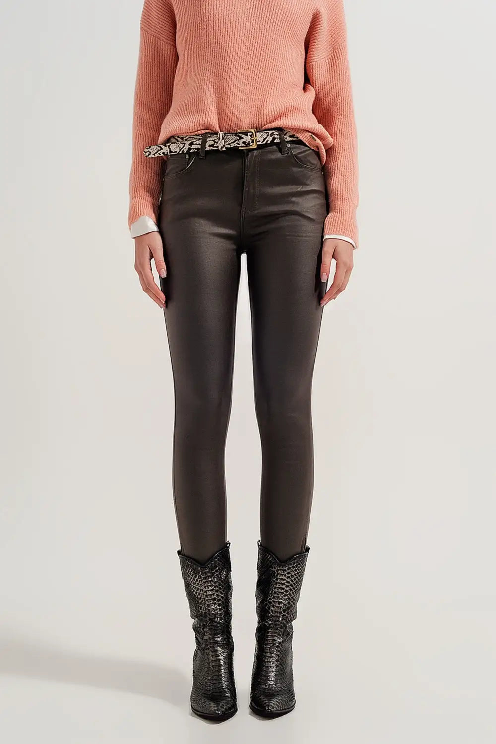 Faux leather high waisted split zip hem pants in khaki - Pants