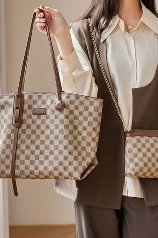 Checkered Pattern Leather Tote Bag