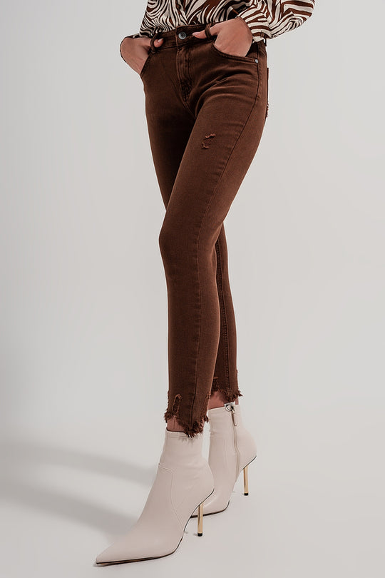 Raw hem skinny jeans in brown