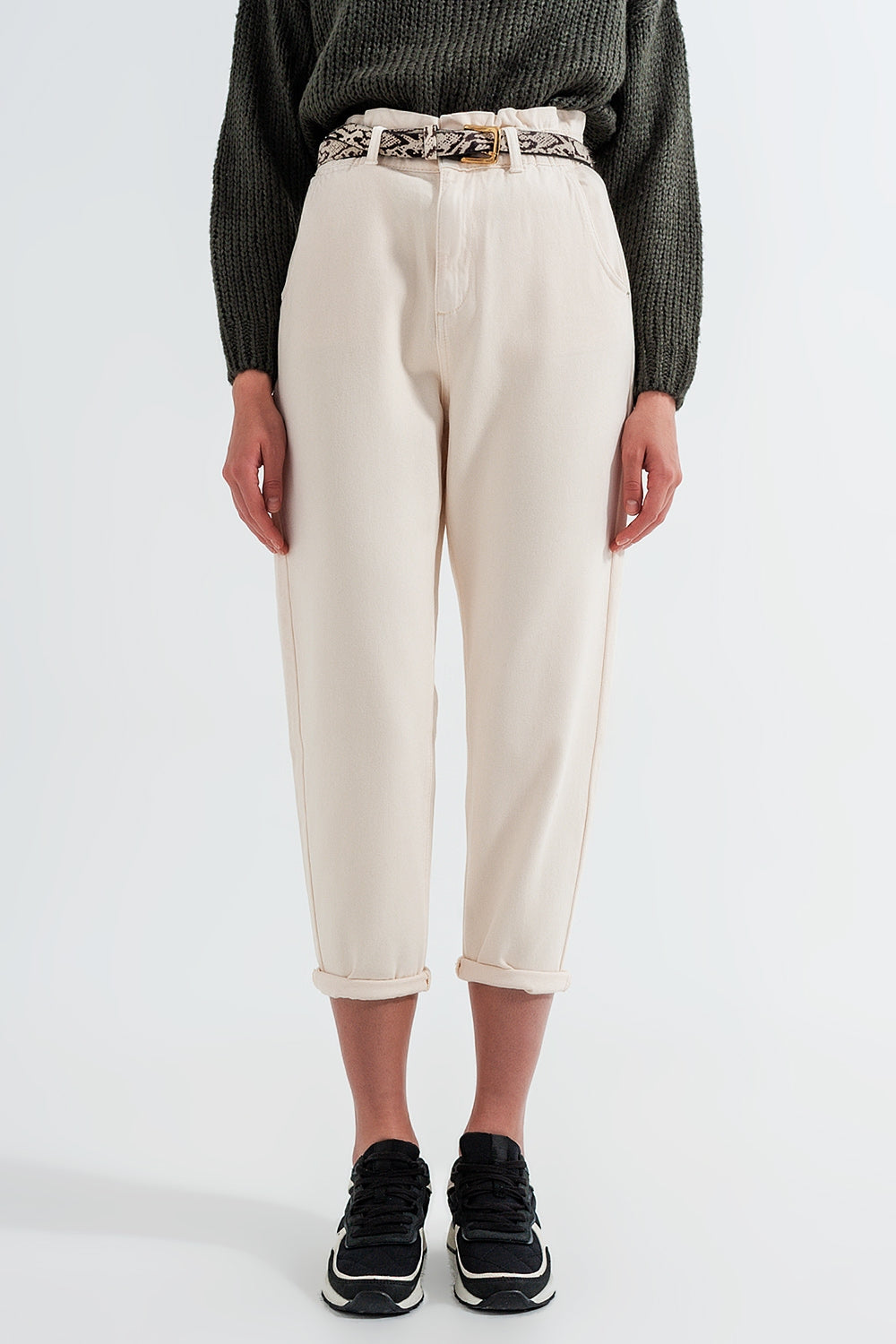 Paperbag waist straight leg jeans in cream