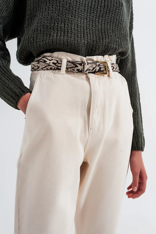 Paperbag waist straight leg jeans in cream - Colored Jeans