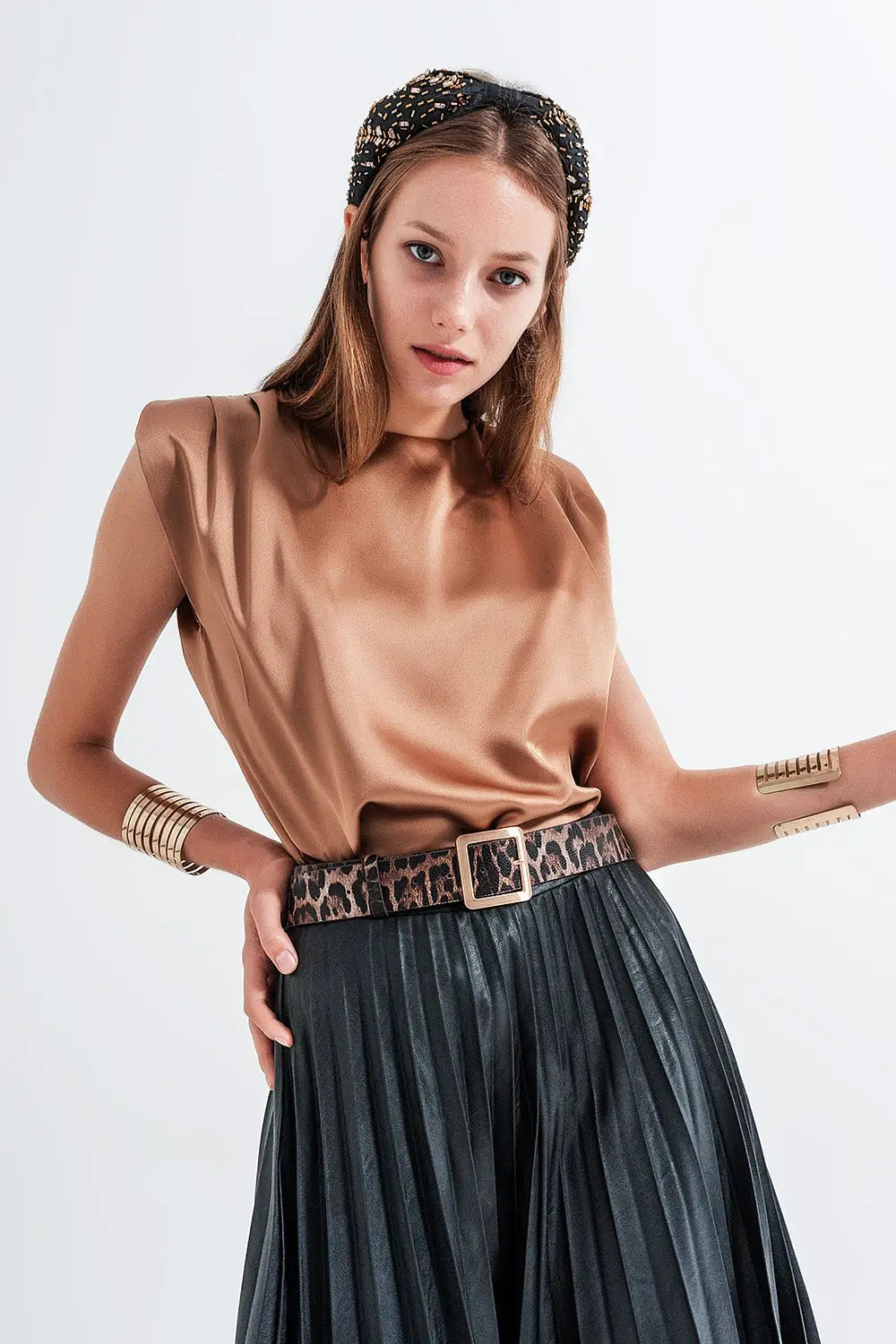 Gathered satin shoulder pad sleeveless top in gold - Shirts Tops