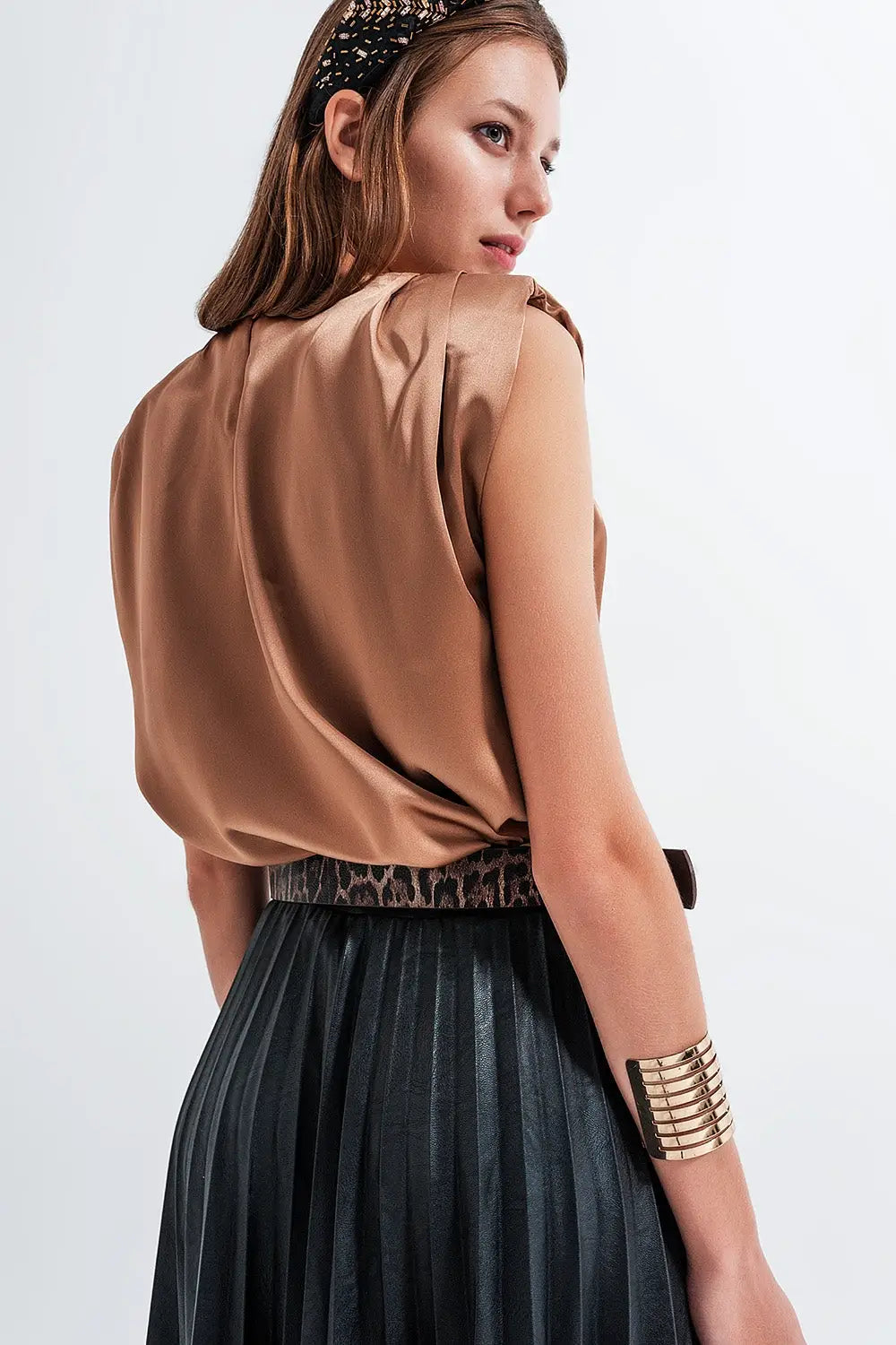 Gathered satin shoulder pad sleeveless top in gold - Shirts Tops