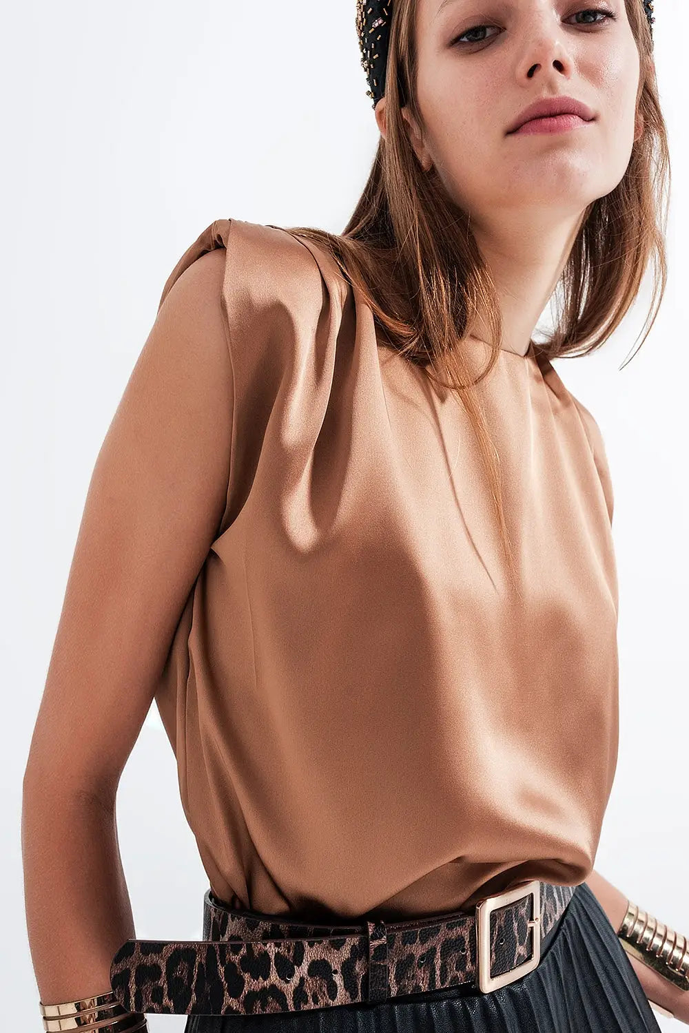 Gathered satin shoulder pad sleeveless top in gold - Shirts Tops