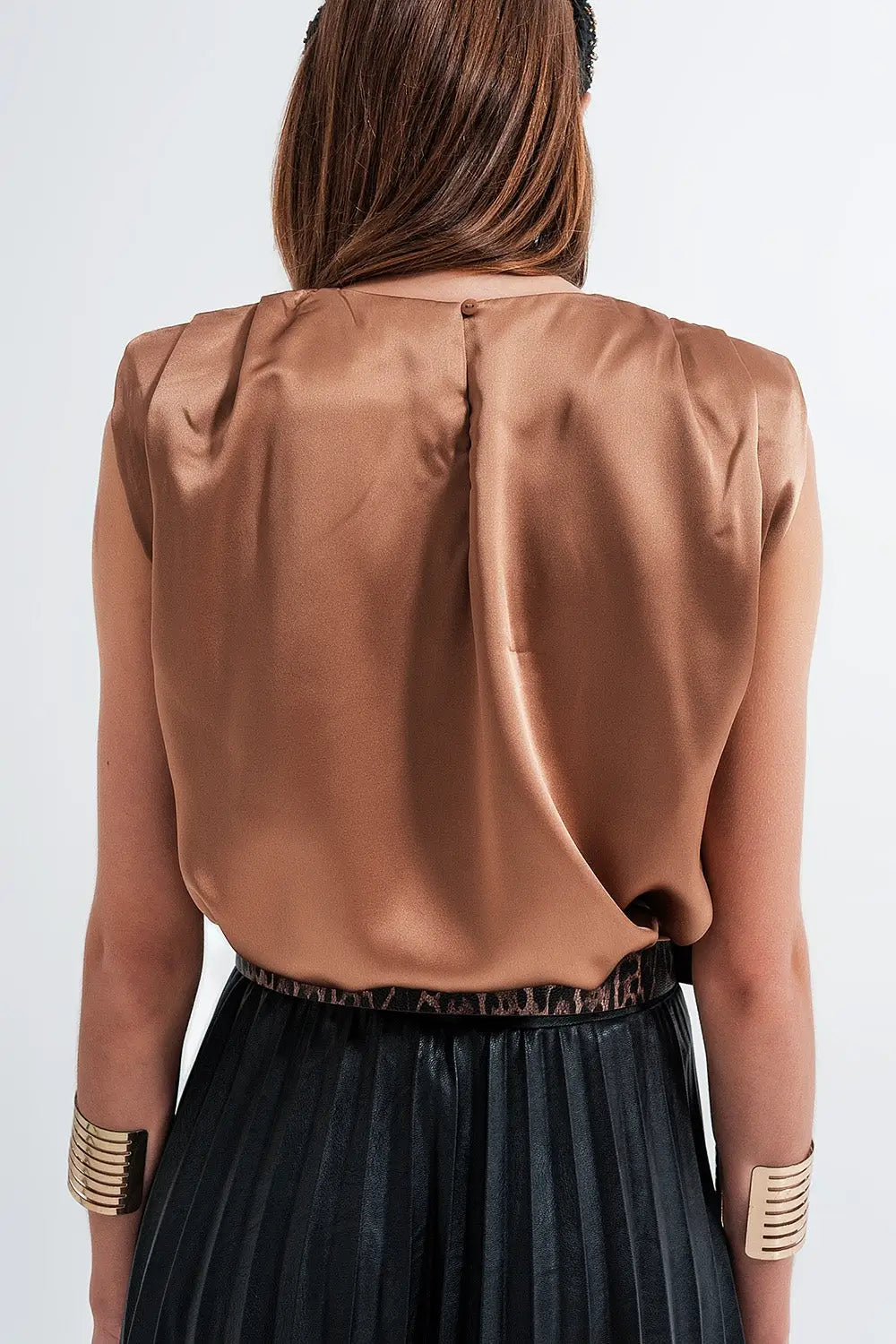 Gathered satin shoulder pad sleeveless top in gold - Shirts Tops