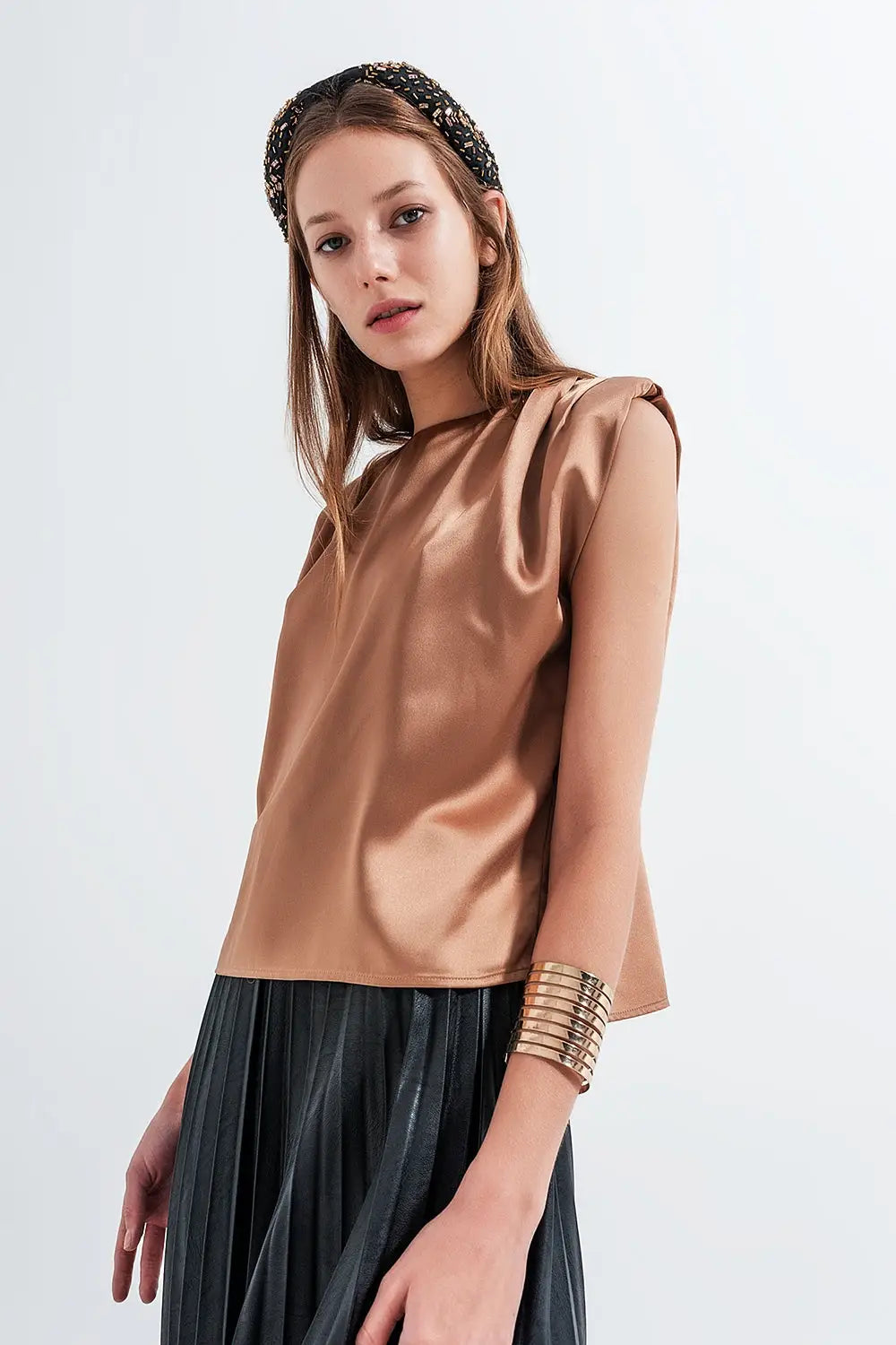 Gathered satin shoulder pad sleeveless top in gold - Shirts Tops