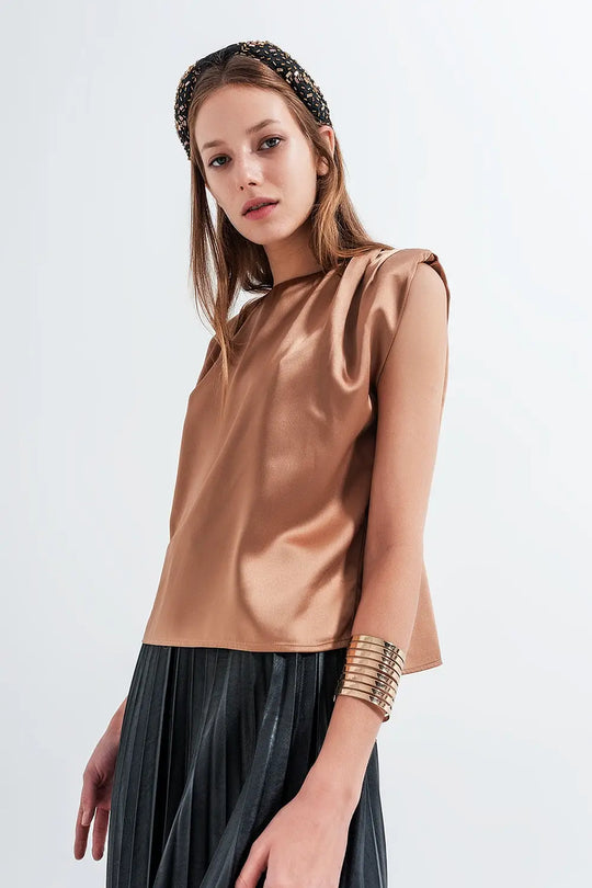 Gathered satin shoulder pad sleeveless top in gold - Shirts Tops