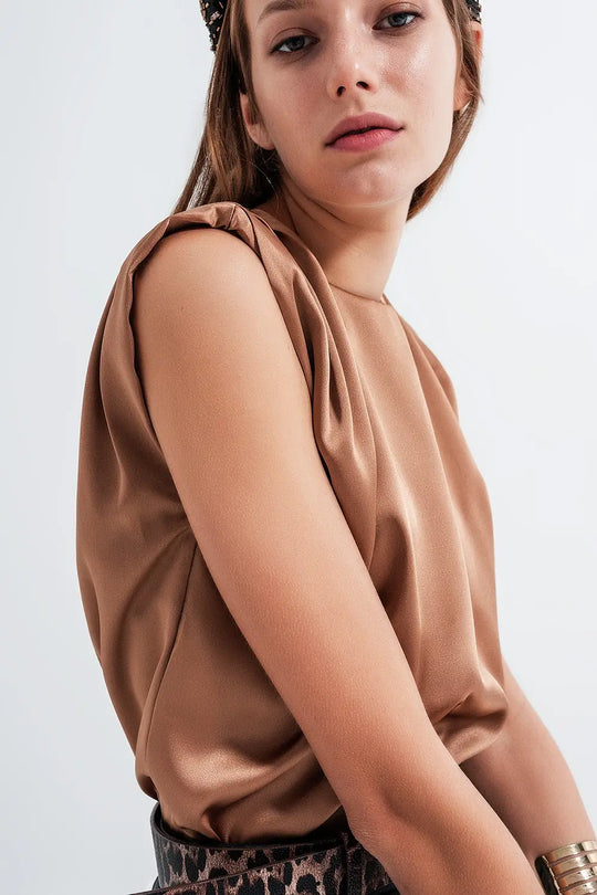 Gathered satin shoulder pad sleeveless top in gold - Shirts Tops