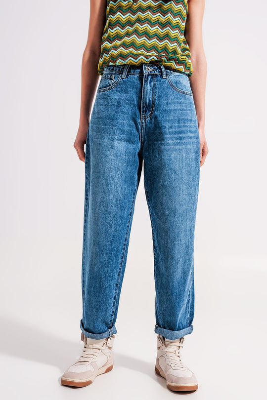 Cotton high waist mom jeans in medium blue