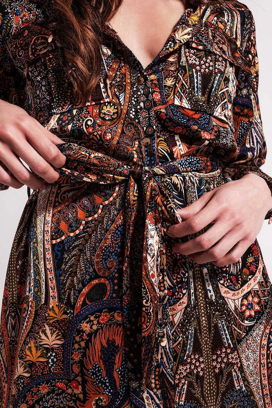 Long Sleeve paisley mini Dress in black - Dresses