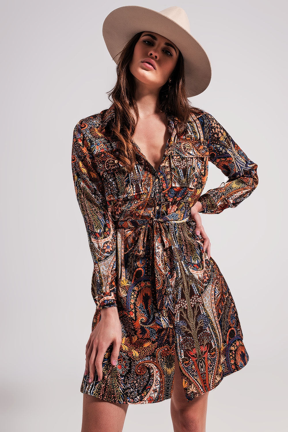 Long Sleeve paisley mini Dress in black