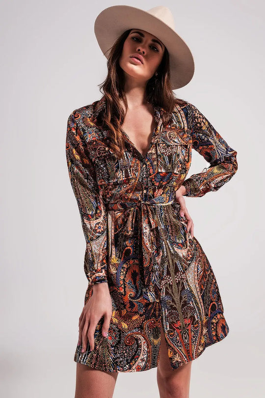 Long Sleeve paisley mini Dress in black - Dresses