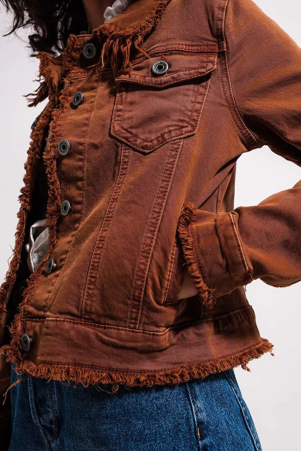 Raw edge denim jacket in brown - Jackets