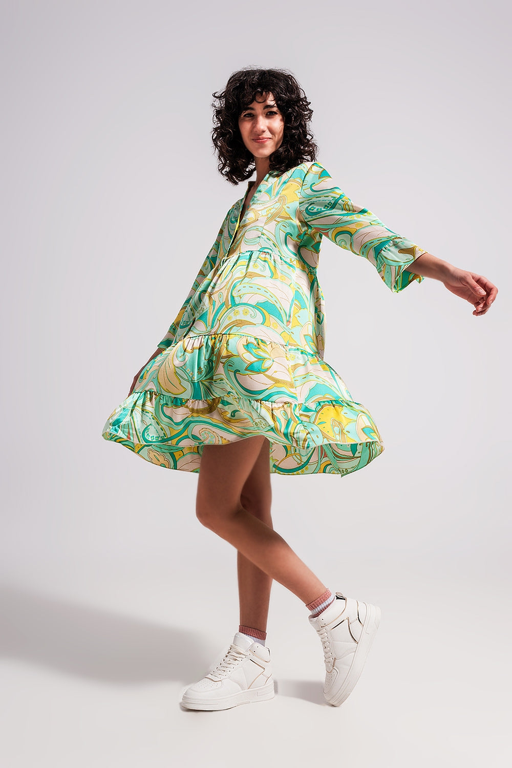 3/4 sleeve mini dress in green