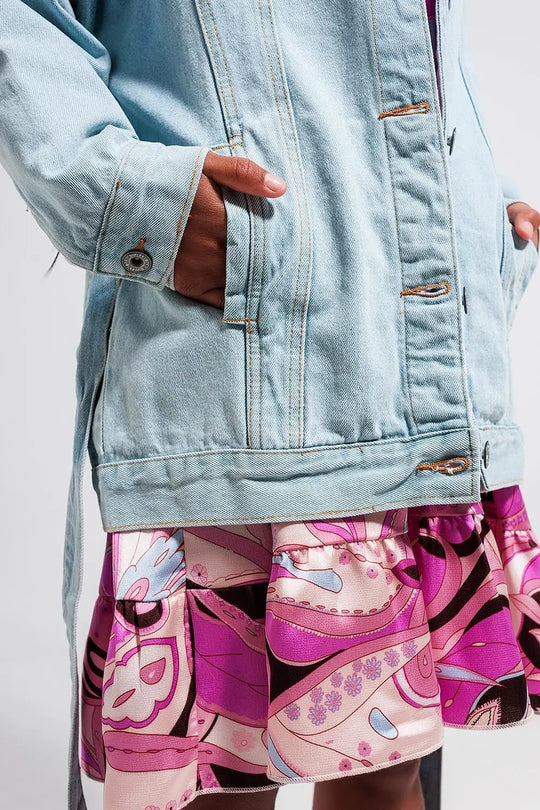 Longline denim jacket with belt in light blue wash - Jackets