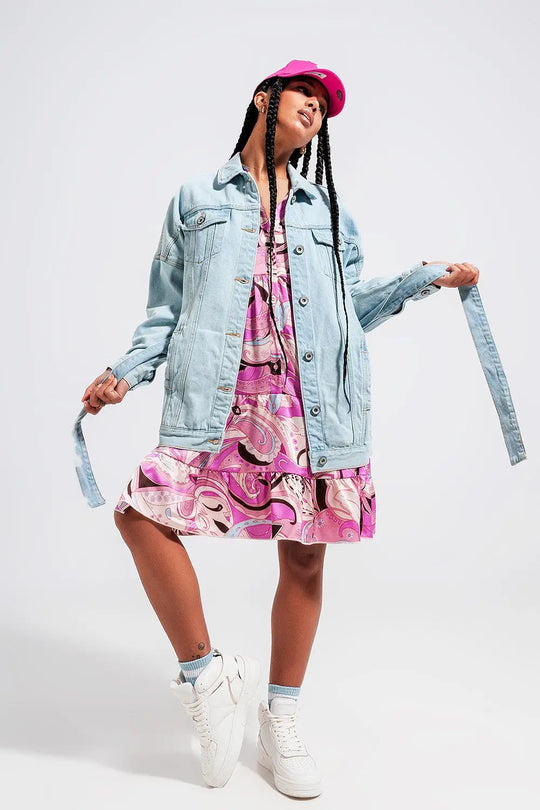 Longline denim jacket with belt in light blue wash - Jackets