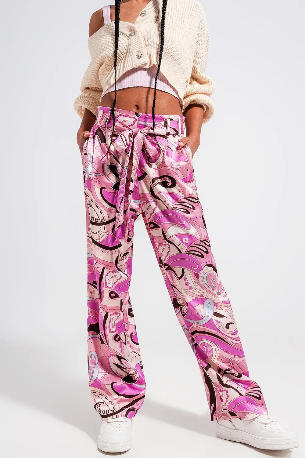 Wide leg pants with belt in pink - Pants
