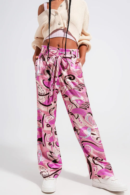 Wide leg pants with belt in pink - Pants