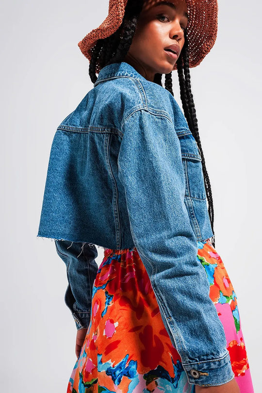 Cropped denim jacket with raw hem in mid wash - Jackets