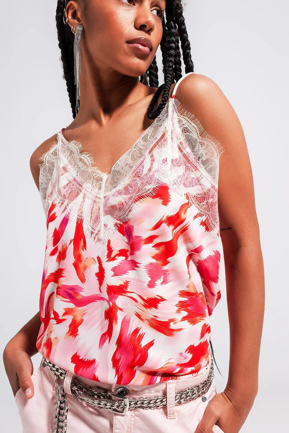Cami with lace trim white and fuchsia - Tops
