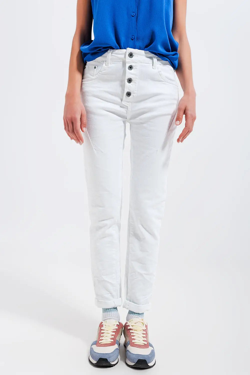 Exposed buttons skinny jeans in white - Colored Jeans
