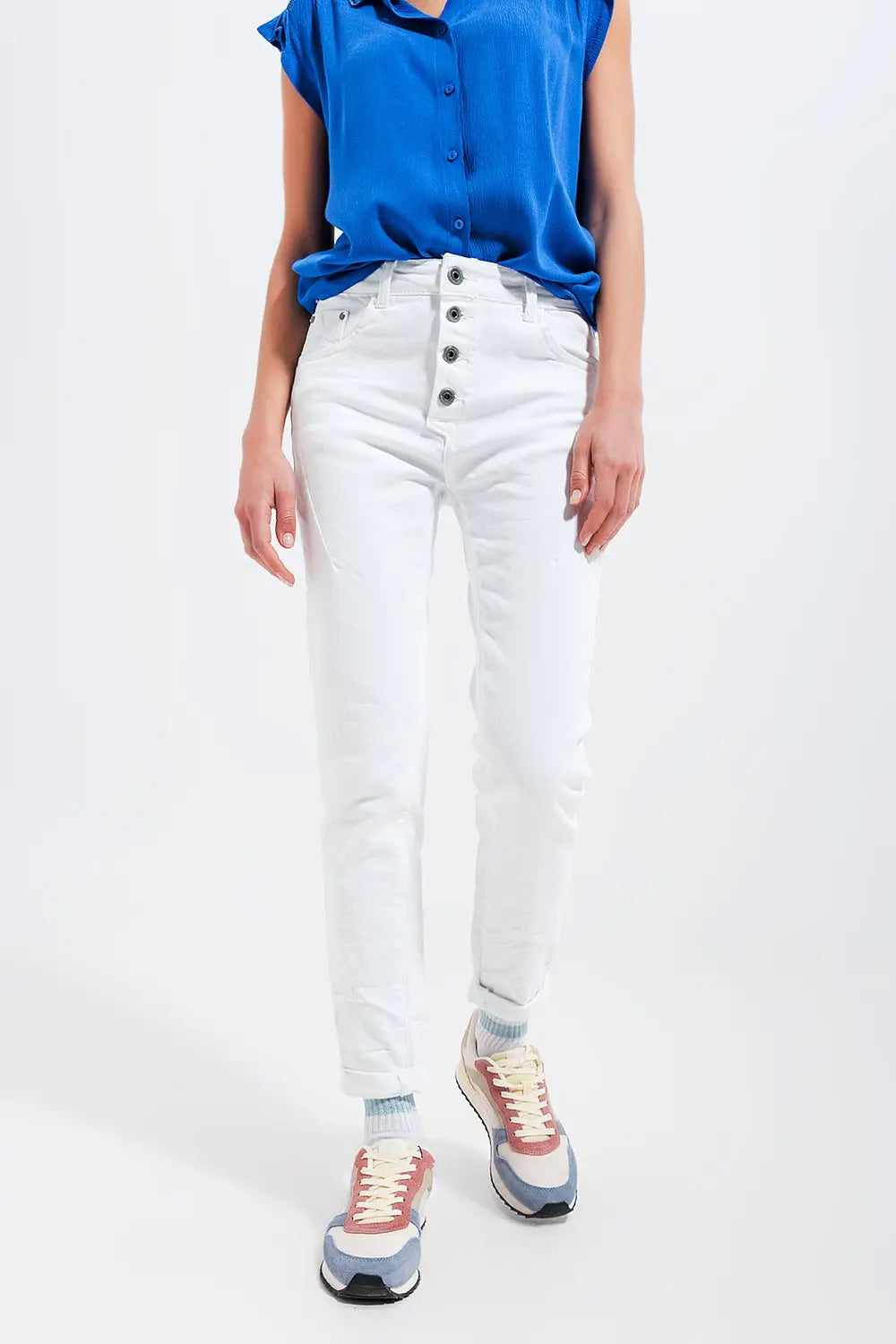 Exposed buttons skinny jeans in white - Colored Jeans