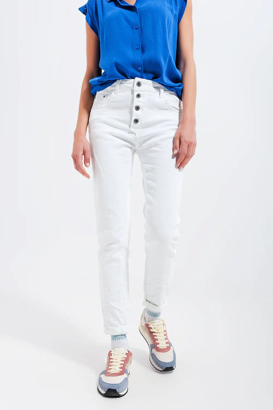 Exposed buttons skinny jeans in white - Colored Jeans