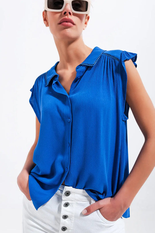 Blouse with frill sleeve in blue - Shirts