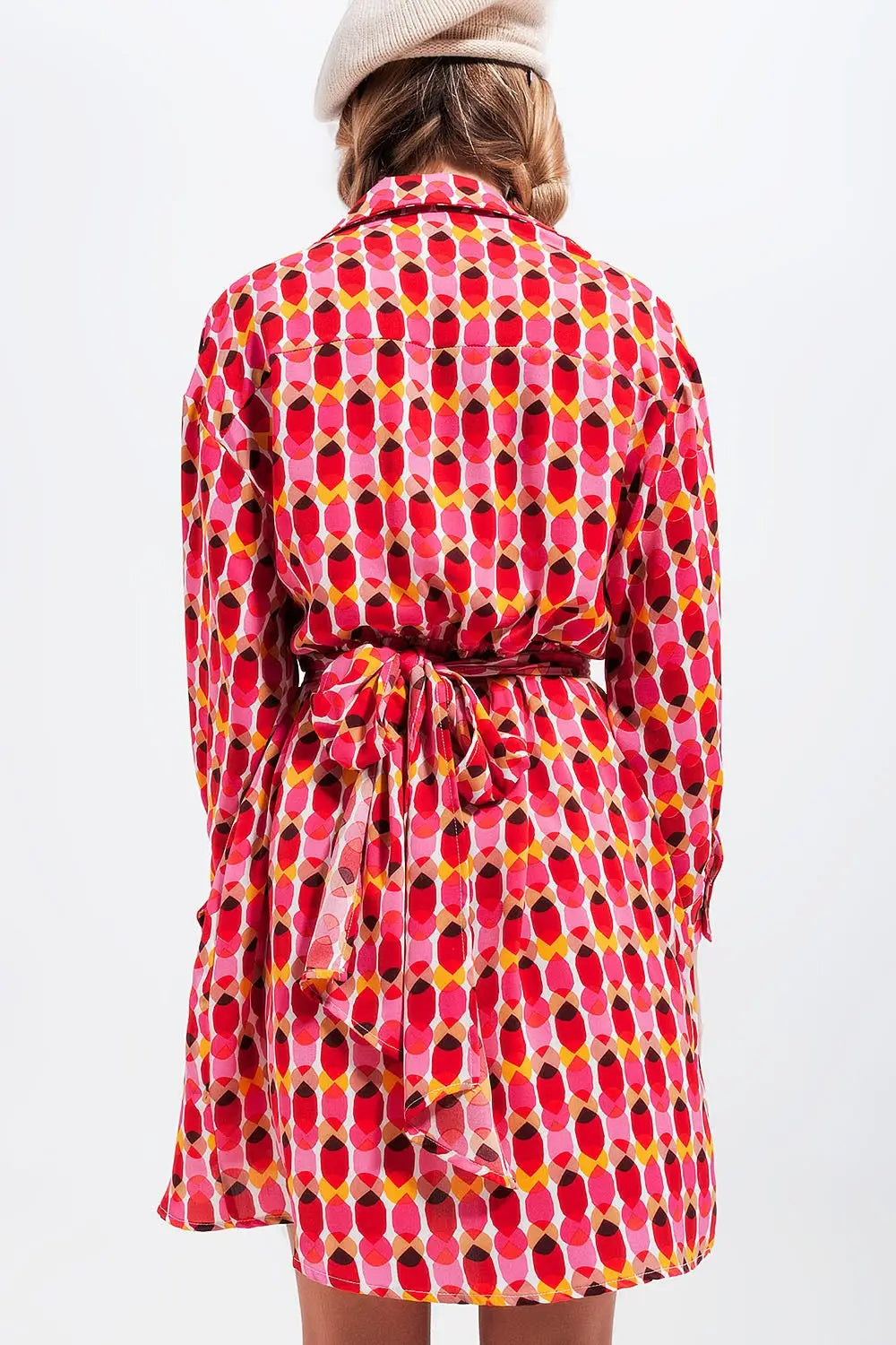 Button front tie waist printed dress in red - Dresses
