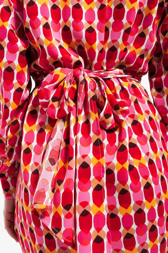 Button front tie waist printed dress in red - Dresses