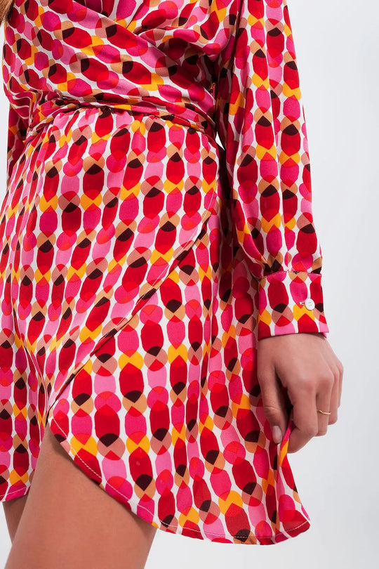 Button front tie waist printed dress in red - Dresses