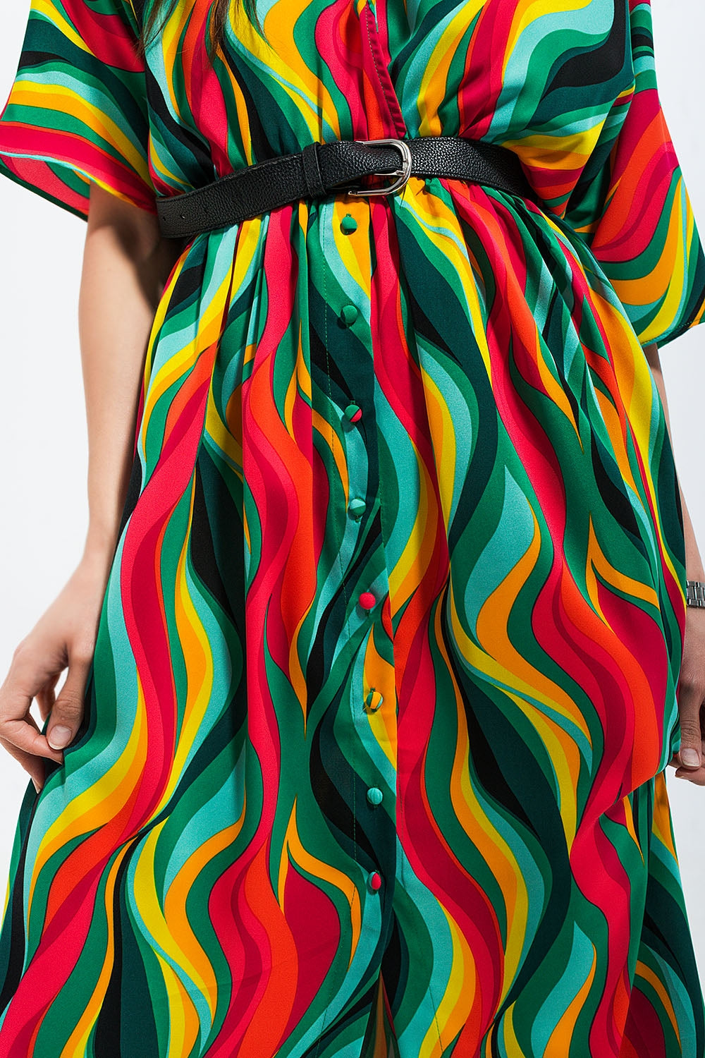 Shirt dress in green abstract swirl print