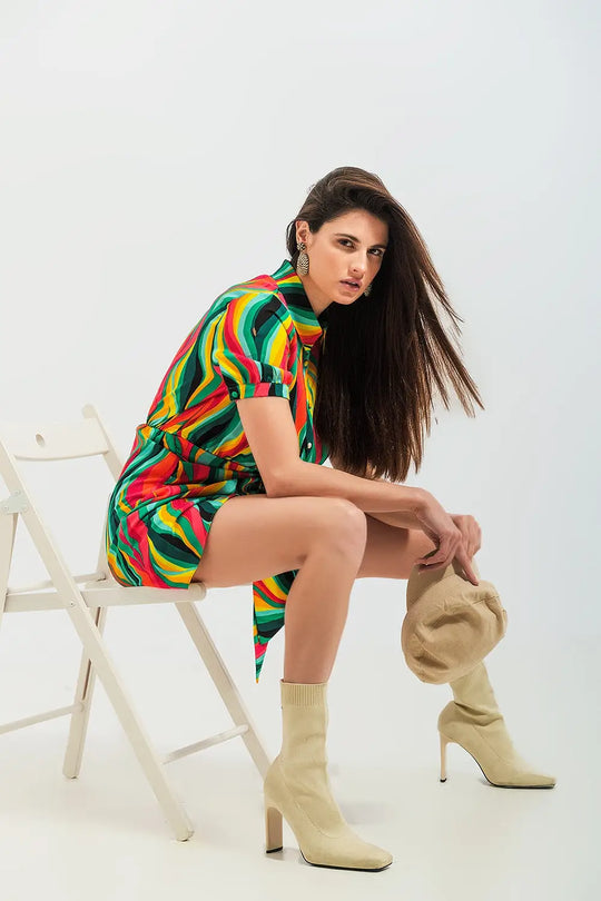 Mini wrap shirt dress in green swirl print - Dresses