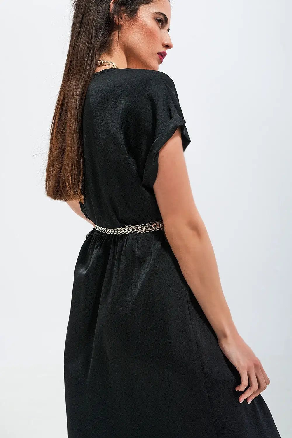 Short sleeve satin maxi dress in black - Dresses