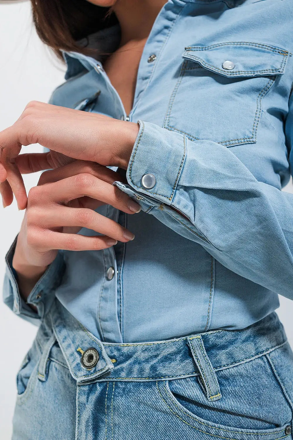 Skinny fit western denim shirt in light wash blue - Shirts