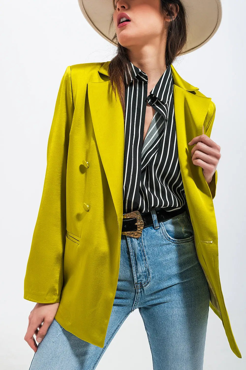 Double breasted satin blazer in lime green - Jackets