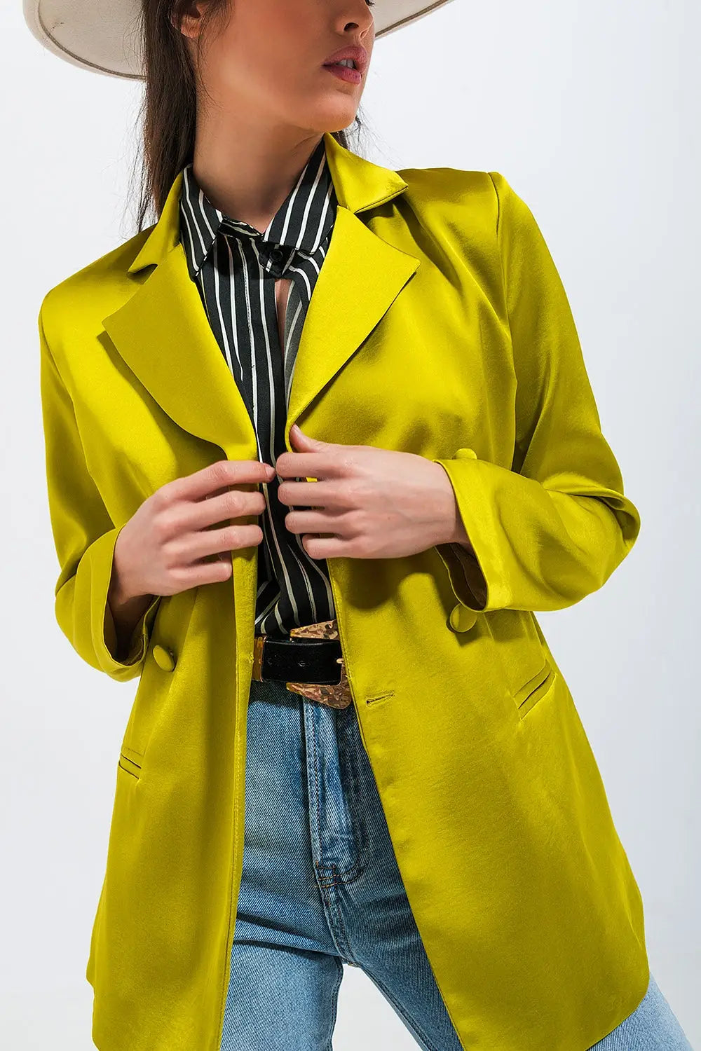 Double breasted satin blazer in lime green - Jackets