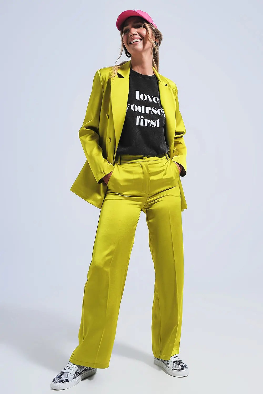 Double breasted satin blazer in lime green - Jackets