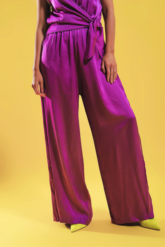 Satin cami strap jumpsuit in fuchsia
