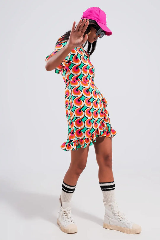 Wrap ruffle hem mini dress in 70s orange print - Dresses