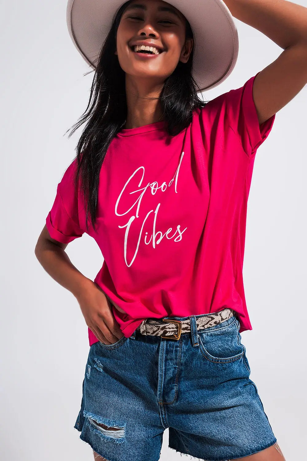 Good Vibes slogan tee in fuchsia - FUCHSIA / ONE - T-Shirts